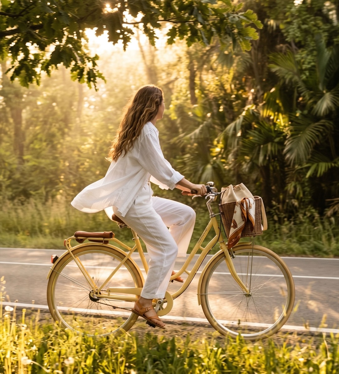 A woman cycling down a sunlit, tree-lined road on a yellow bicycle