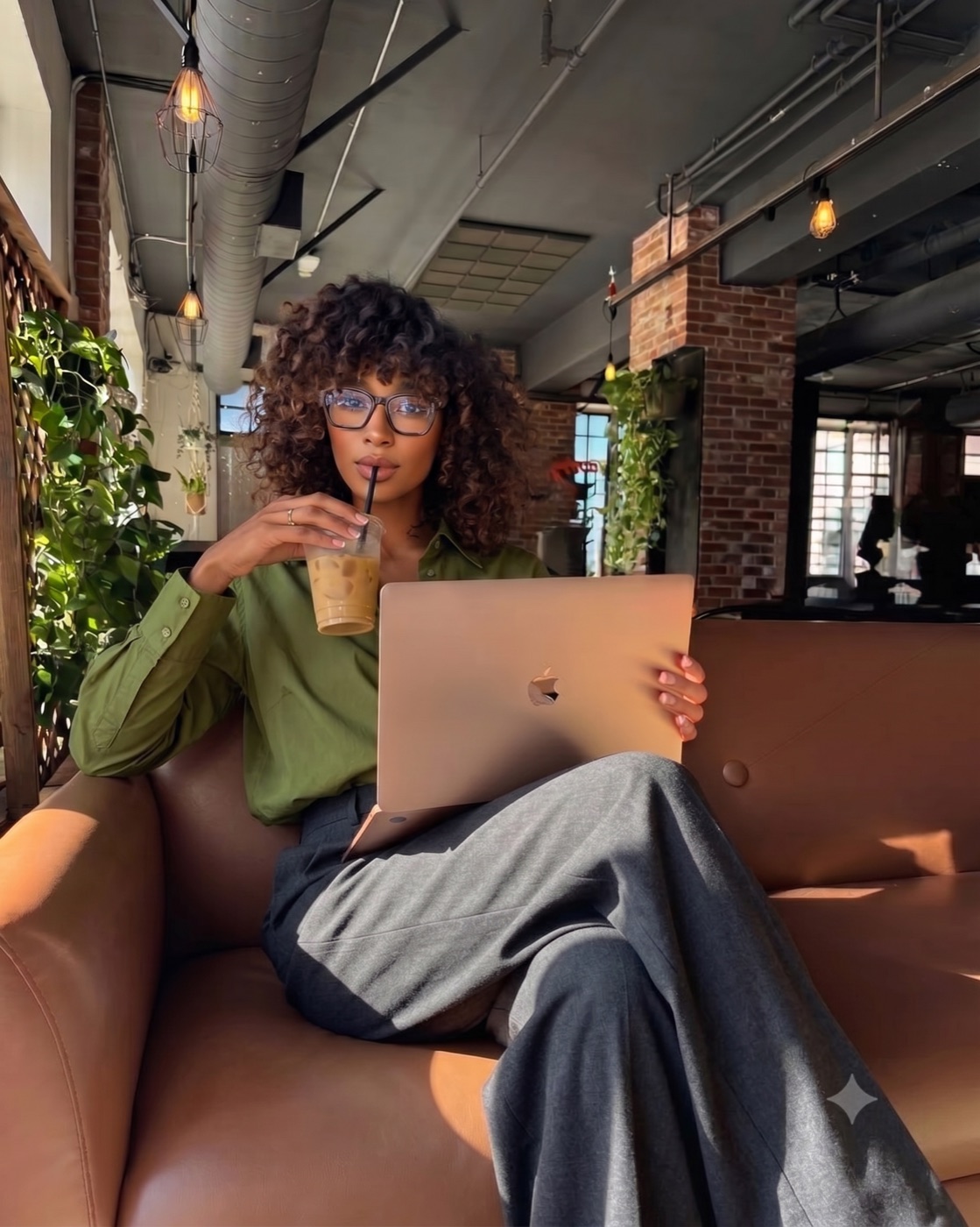 A woman with an iced coffee resting a laptop on her lap on a leather couch in a plant-filled café