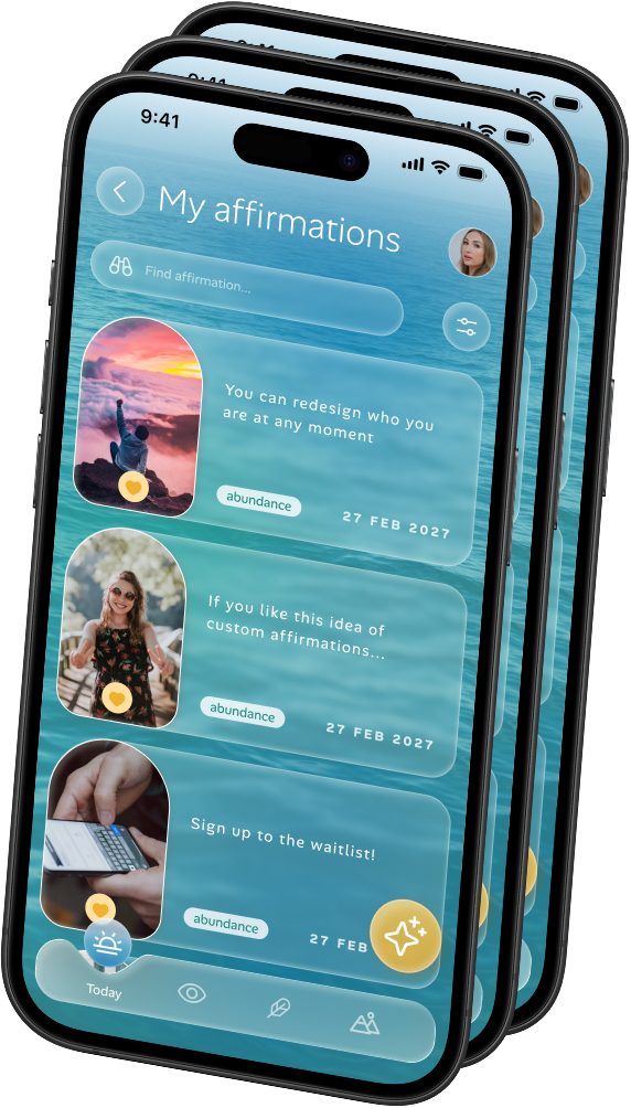 The Orasis 'My affirmations' screen on a phone, each affirmation showing its target date